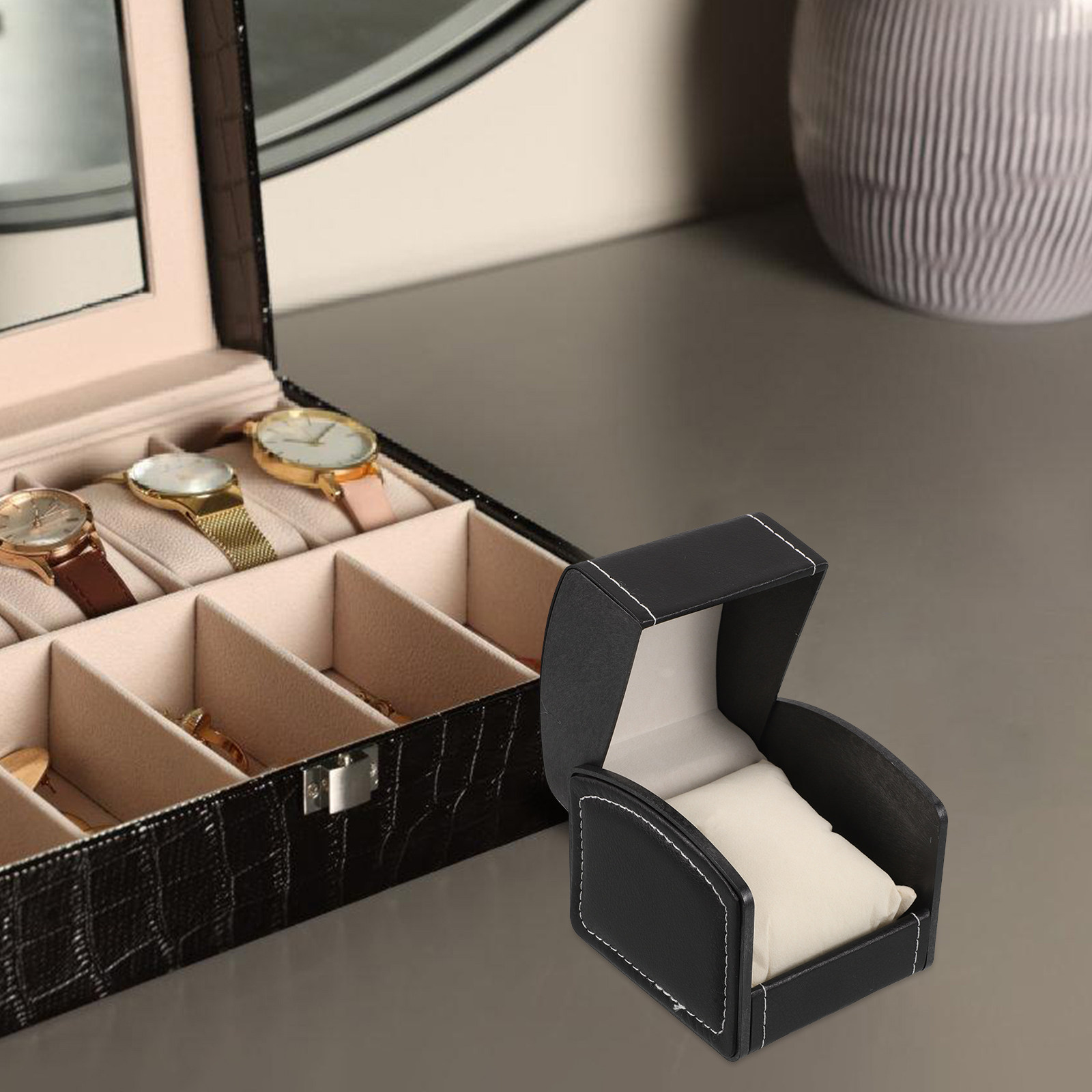Luxury Watch Holder For Men - 2Pcs Black PU Watch Box Elegant