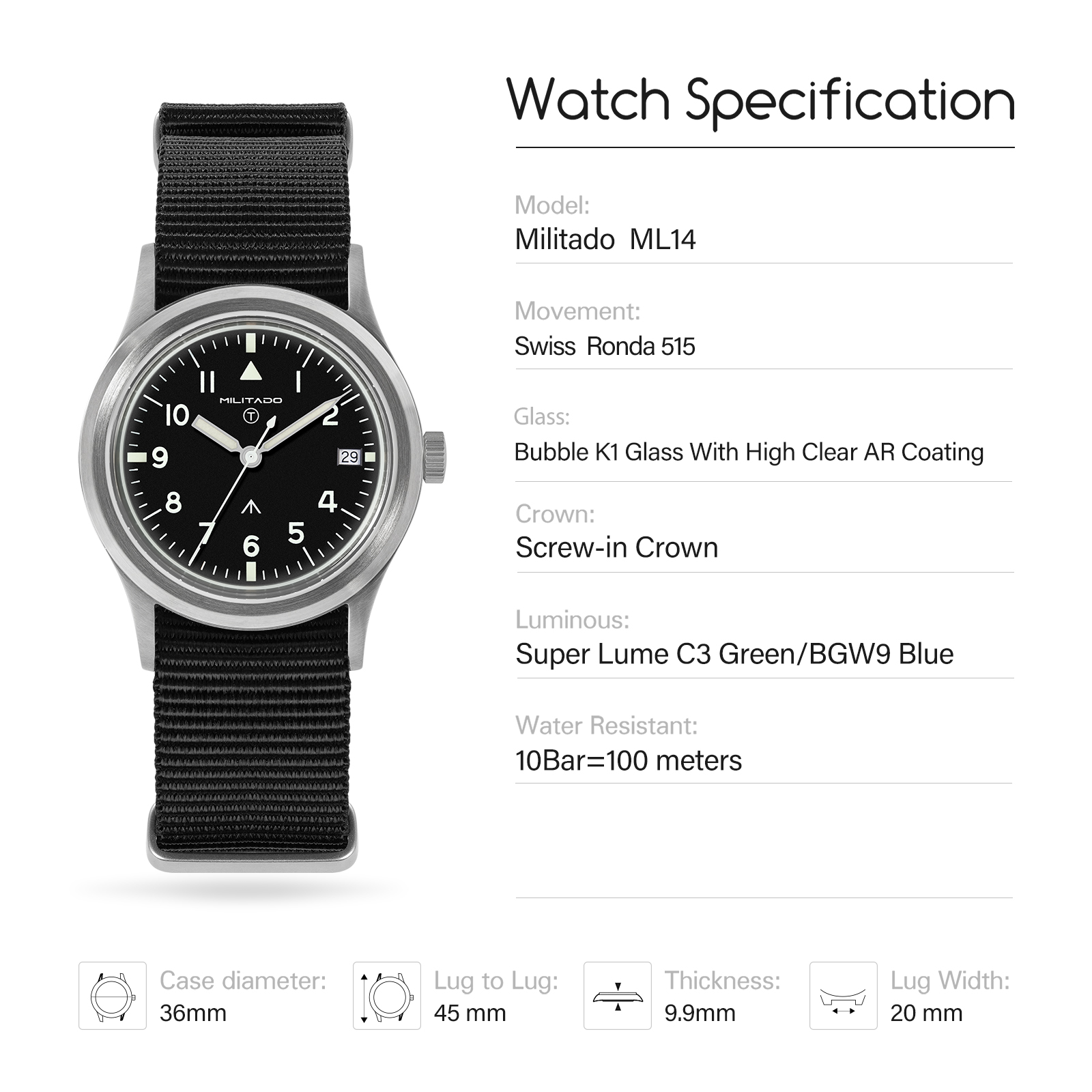 Militado ML14 36mm Watch VH31  - Field Watch Military recension och pris