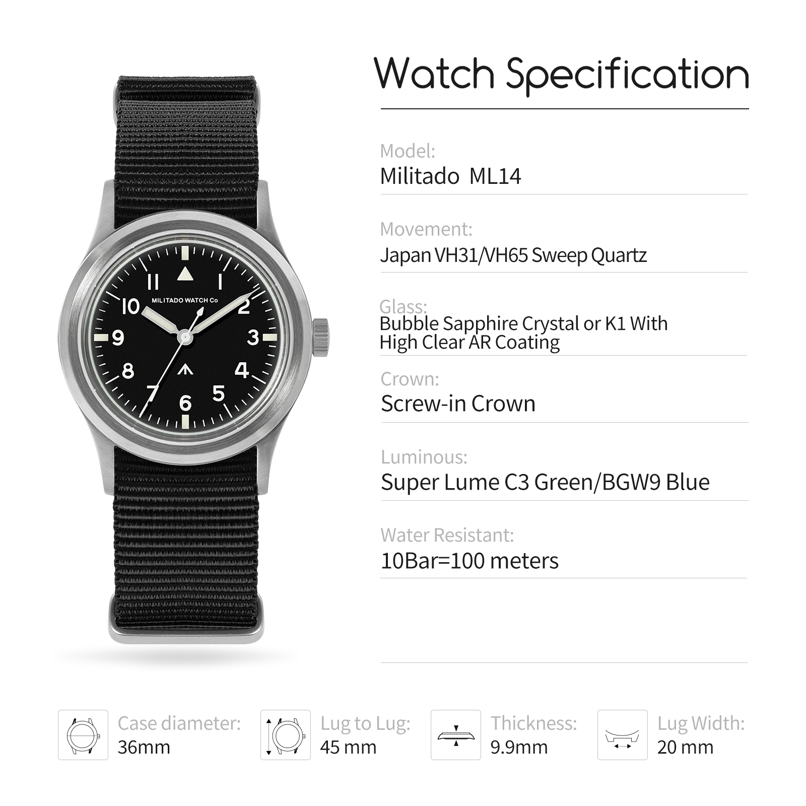 Militado ML14 36mm Watch VH31  - Field Watch Military recension och pris