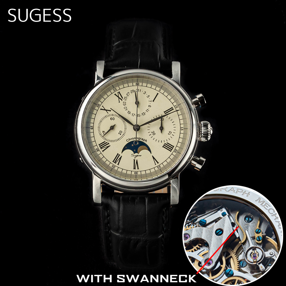Sugess Men Watch ST1908 Swanne - Moonphase Complication Watch recension och pris